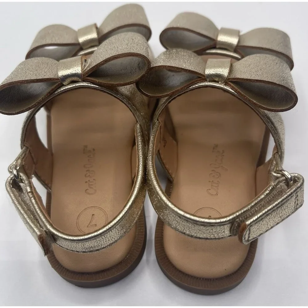 Cat & Jack Sandals Girls Toddler Size 7 Gold‎ Bows Strap